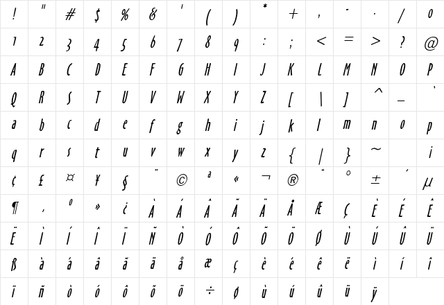 Hobby Condensed Italic  glyph index