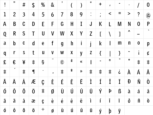 GriffithGothicCond Regular  glyph index