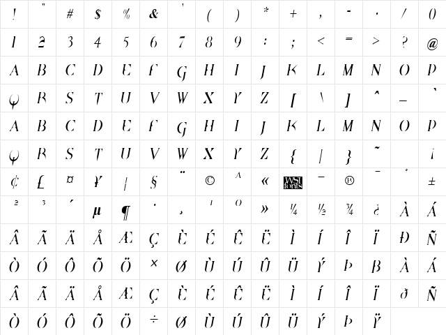BrazeltonNarrow Italic  glyph index