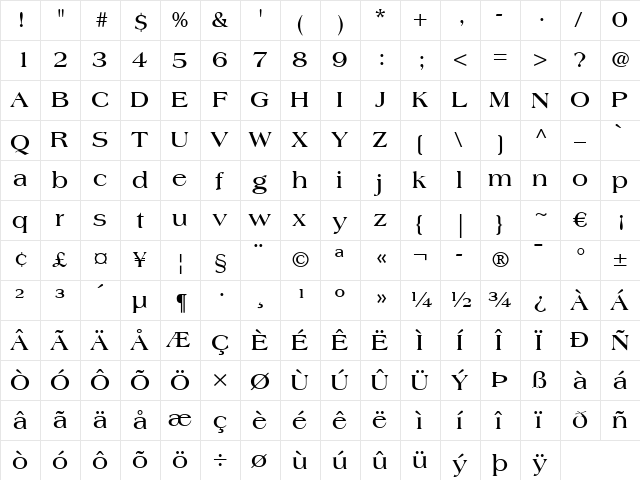 Americana LT Bold  glyph index