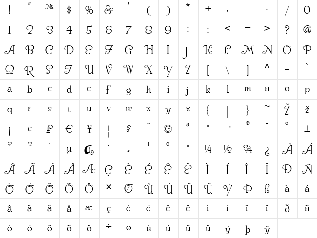 Snooty Fox NF Regular  glyph index