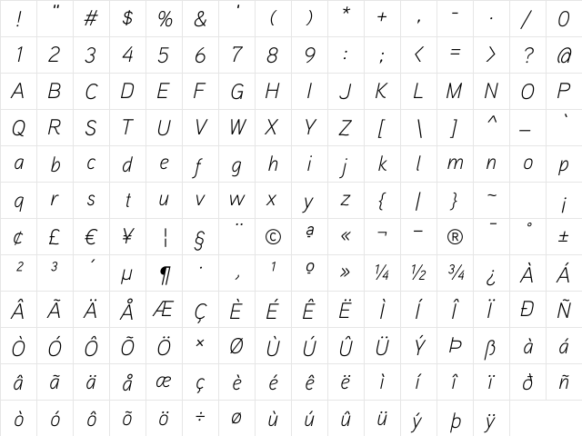 Aaux ProLight Italic Regular  glyph index