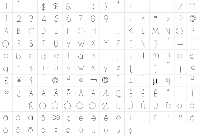 L CHairline  glyph index