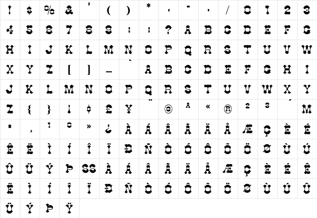 Cottage Regular  glyph index