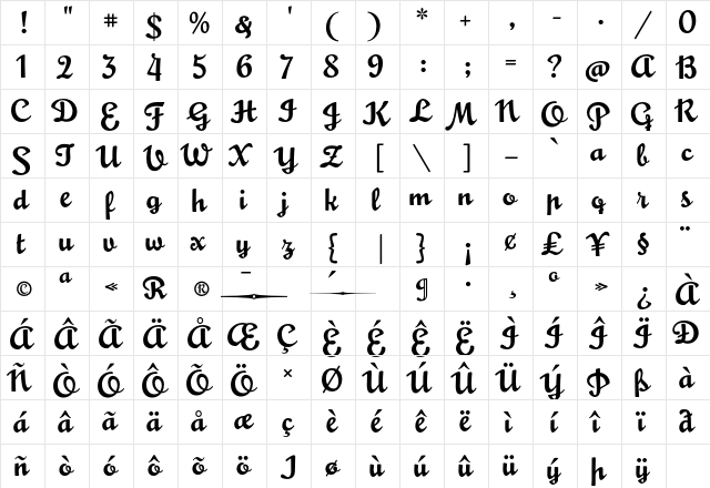 MousseScript Regular  glyph index