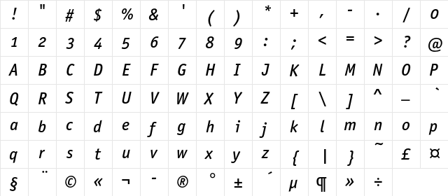 OfficinaSansMediumOSC Italic  glyph index
