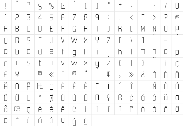 45degrees UltraLight Regular  glyph index