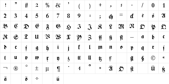 ZenithFraktur Bold  glyph index