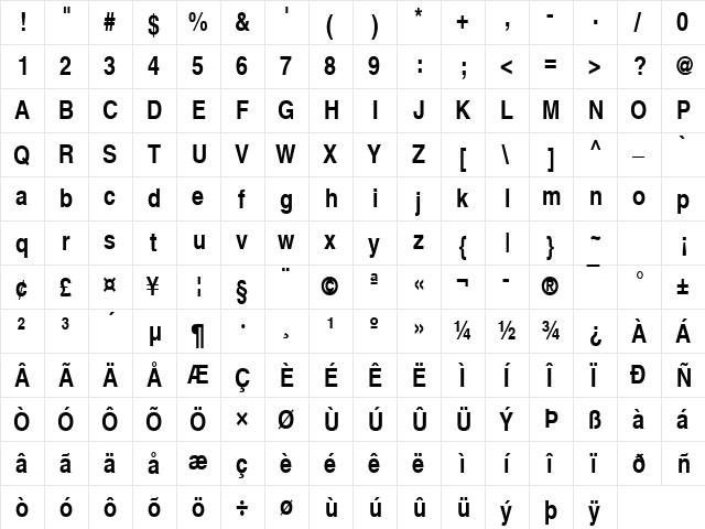 Nimbus Sans Becker LCon Bold  glyph index