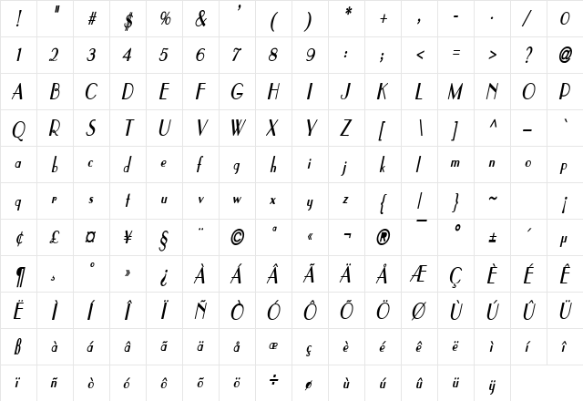 Paris Condensed Bold Italic  glyph index