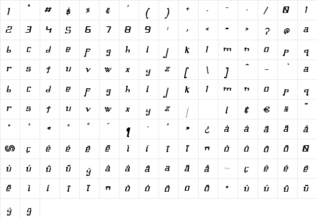 Omellons BoldItalic  glyph index