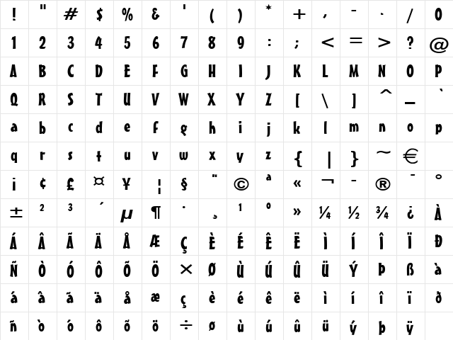 MasseyWide Normal  glyph index