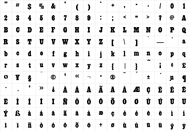 AIEgyptianCondensed Condensed Bold  glyph index