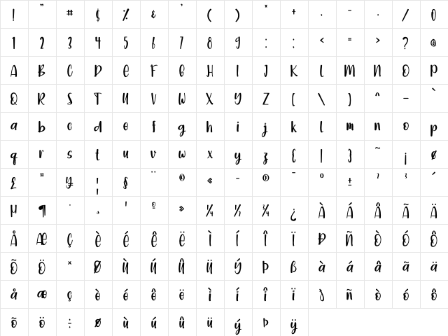 Bright Dream Regular  glyph index