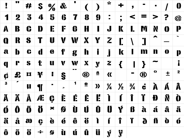 StencilSetExtended Black  glyph index