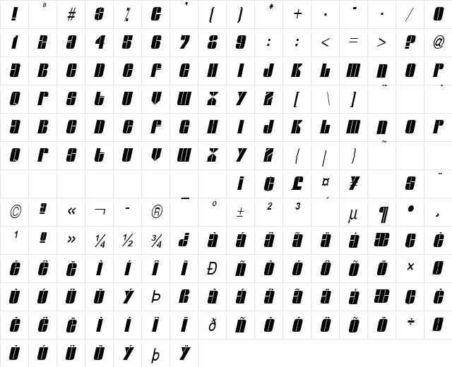Glaze-Condensed Italic  glyph index