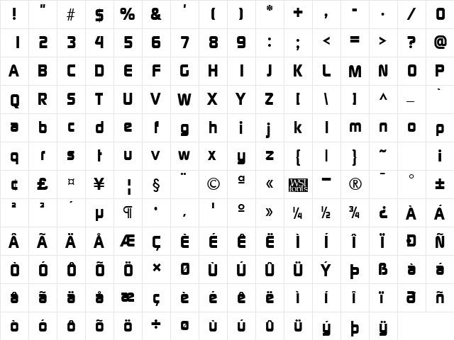 ModaerneHeavy Regular  glyph index