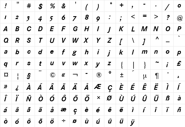 Corporate S Expert BQ Bold Italic  glyph index
