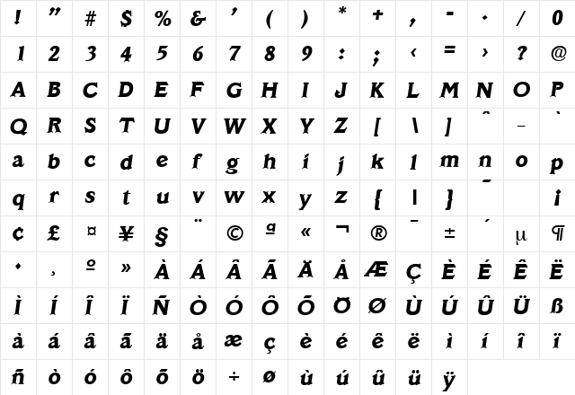 Veracruz-Serial-ExtraBold RegularItalic  glyph index