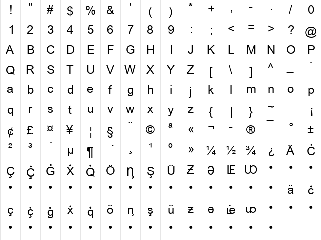 Noxchi Arial Regular  glyph index