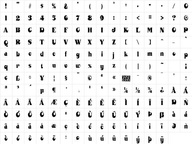 Mahaney Regular  glyph index