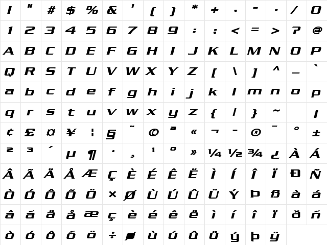 Chaney Wide BoldItalic  glyph index