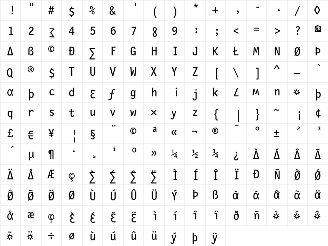 LetterGothicSlang Roman  glyph index