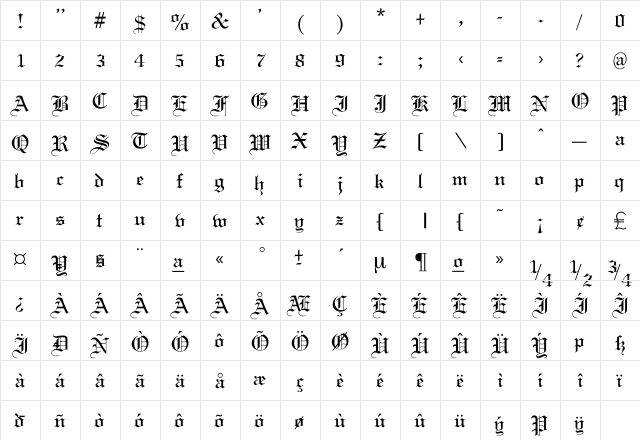 Old Gondor Regular  glyph index