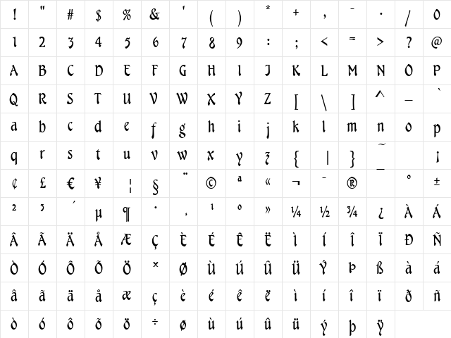 Tampico Regular  glyph index