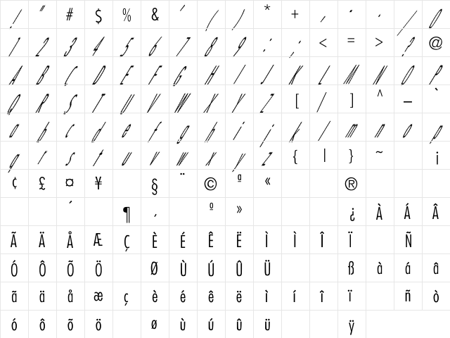 CatScratch Thin Italic Regular  glyph index