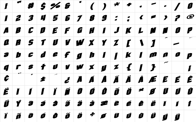 SF Obliquities Extended Bold  glyph index