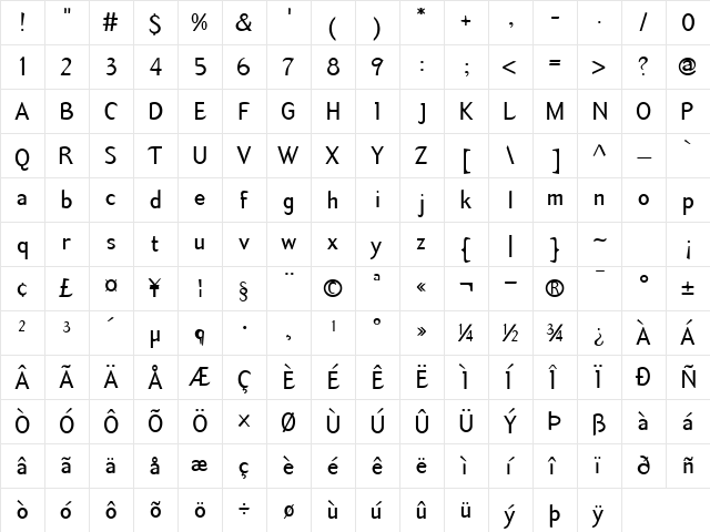 TemaCantanteSansRegular Regular  glyph index