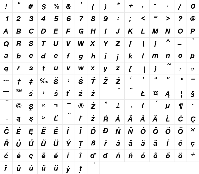 NimbuSanDEE Bold Italic  glyph index