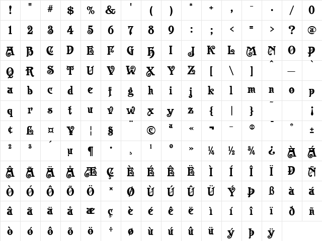 Casanova Regular  glyph index