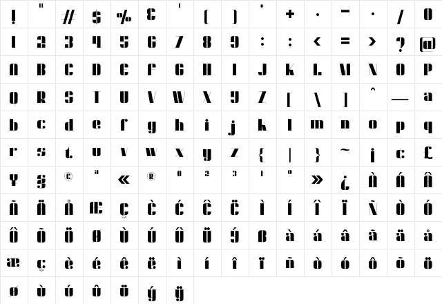 Dunford moore Regular  glyph index