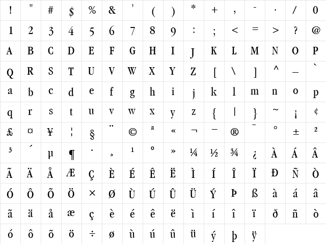 ITCGaramond-CondensedBook Book  glyph index