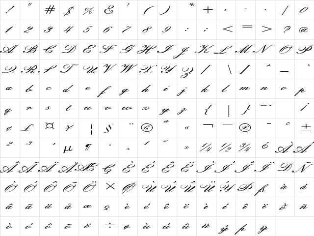 EmpireScriptExtended Regular  glyph index
