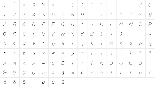Manhattan Hand Lite Italic  glyph index