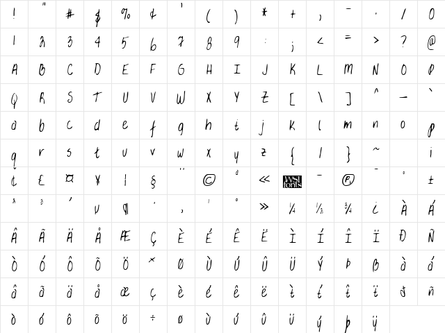 BrendasHand Regular  glyph index
