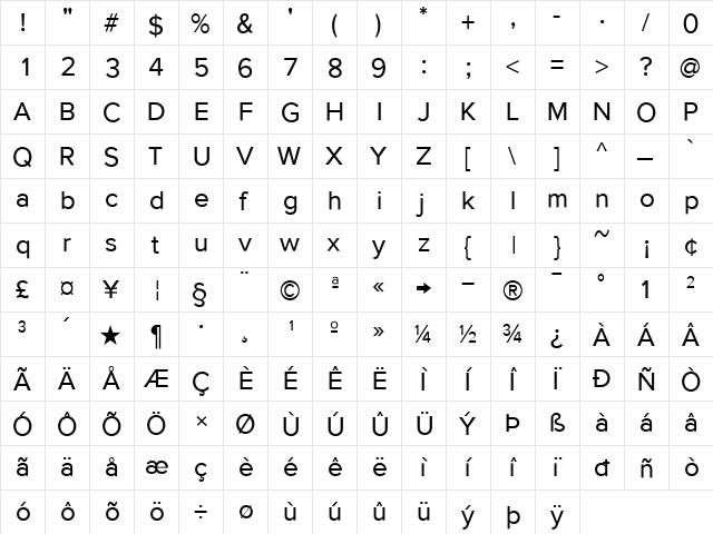 ProximaSansRegular Regular  glyph index