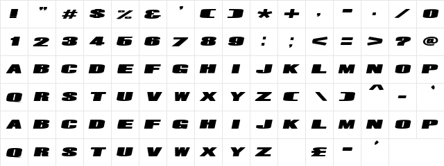 Mr. Machine Italic  glyph index