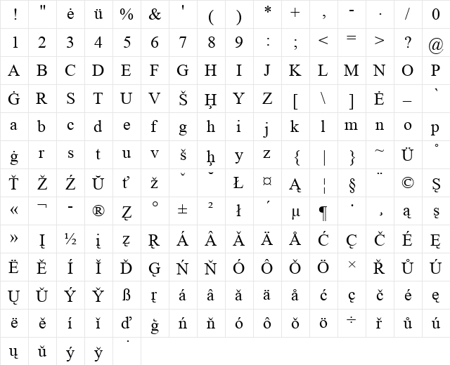 Solca Regular  glyph index