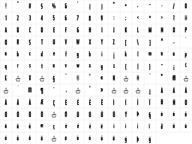 Tasse Bold  glyph index