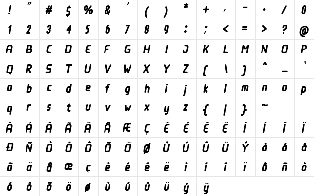 Loja Bold Italic  glyph index