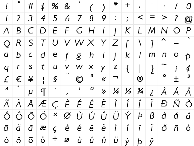 Jillican Italic  glyph index