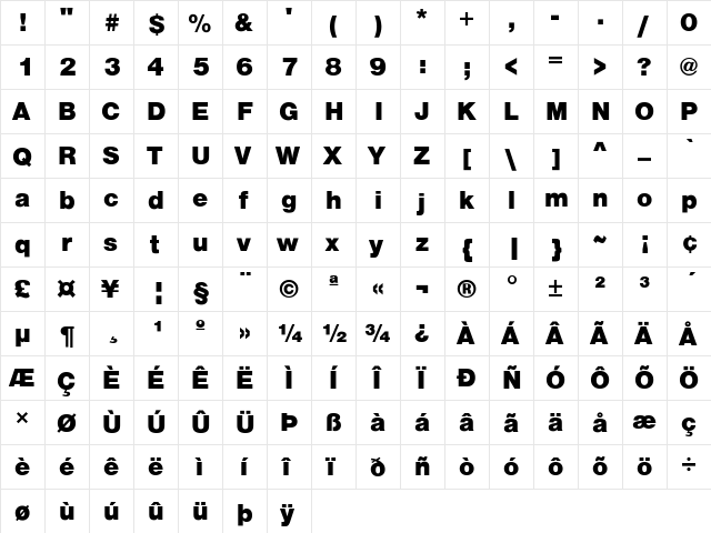 Helvetica-Heavy Regular  glyph index