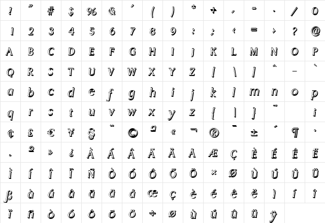 AaronBeckerShadow-Light Italic  glyph index