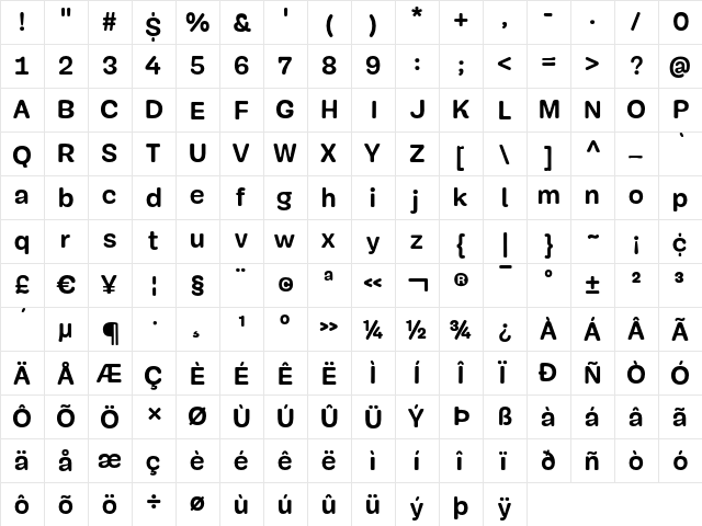 Mija Bold  glyph index