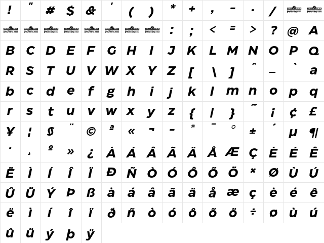 Eastman Trial Bold Italic  glyph index