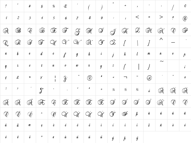 LeiScriptSSk Regular  glyph index